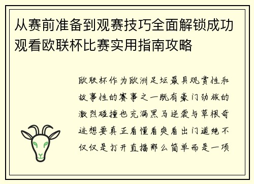 从赛前准备到观赛技巧全面解锁成功观看欧联杯比赛实用指南攻略