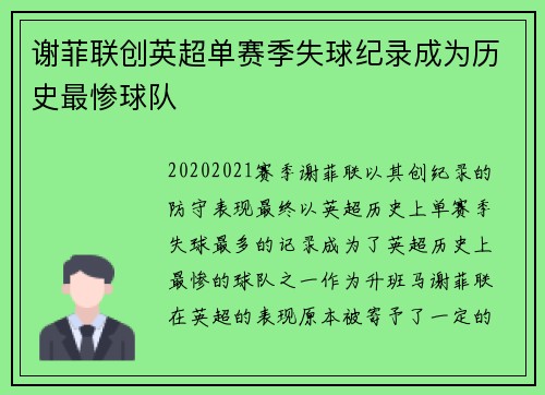 谢菲联创英超单赛季失球纪录成为历史最惨球队